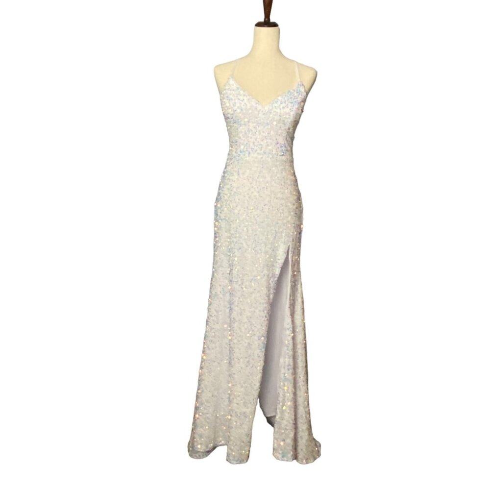 Party‎ Formal Gown Prom Dress V-Neck Straps 10 White Pastel Sequin Slit Backless